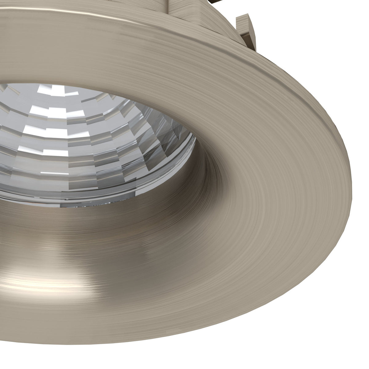Close-up of the Kamarne LED downlight, 8.8cm round satin nickel bezel with aluminium body and deep faceted reflector, shown against a plain white background.