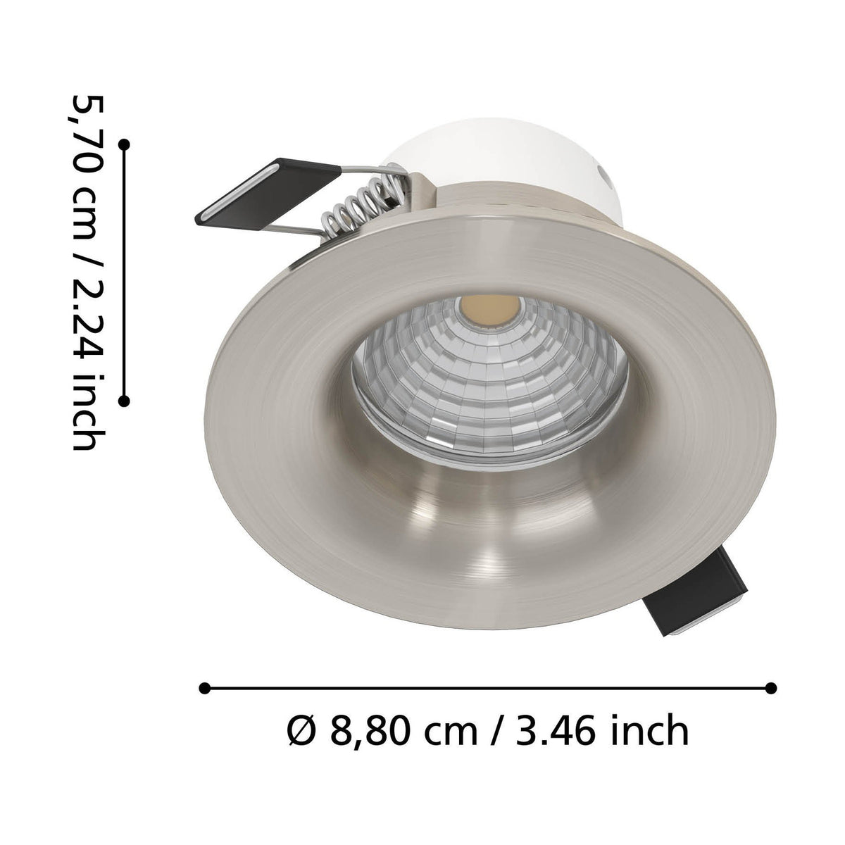 Kamarne LED downlight in satin nickel aluminium with a round faceted reflector and spring clips, shown with dimension labels for 5.70cm height and 8.80cm diameter on a white background.