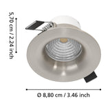 Kamarne LED downlight in satin nickel aluminium with a round faceted reflector and spring clips, shown with dimension labels for 5.70cm height and 8.80cm diameter on a white background.