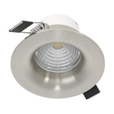 Kamarne LED Downlight, a round 8.8cm recessed fitting in satin nickel with aluminium body and faceted reflector, spring clips visible, shown on a plain white background.