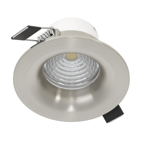Kamarne LED Downlight, a round 8.8cm recessed fitting in satin nickel with aluminium body and faceted reflector, spring clips visible, shown on a plain white background.