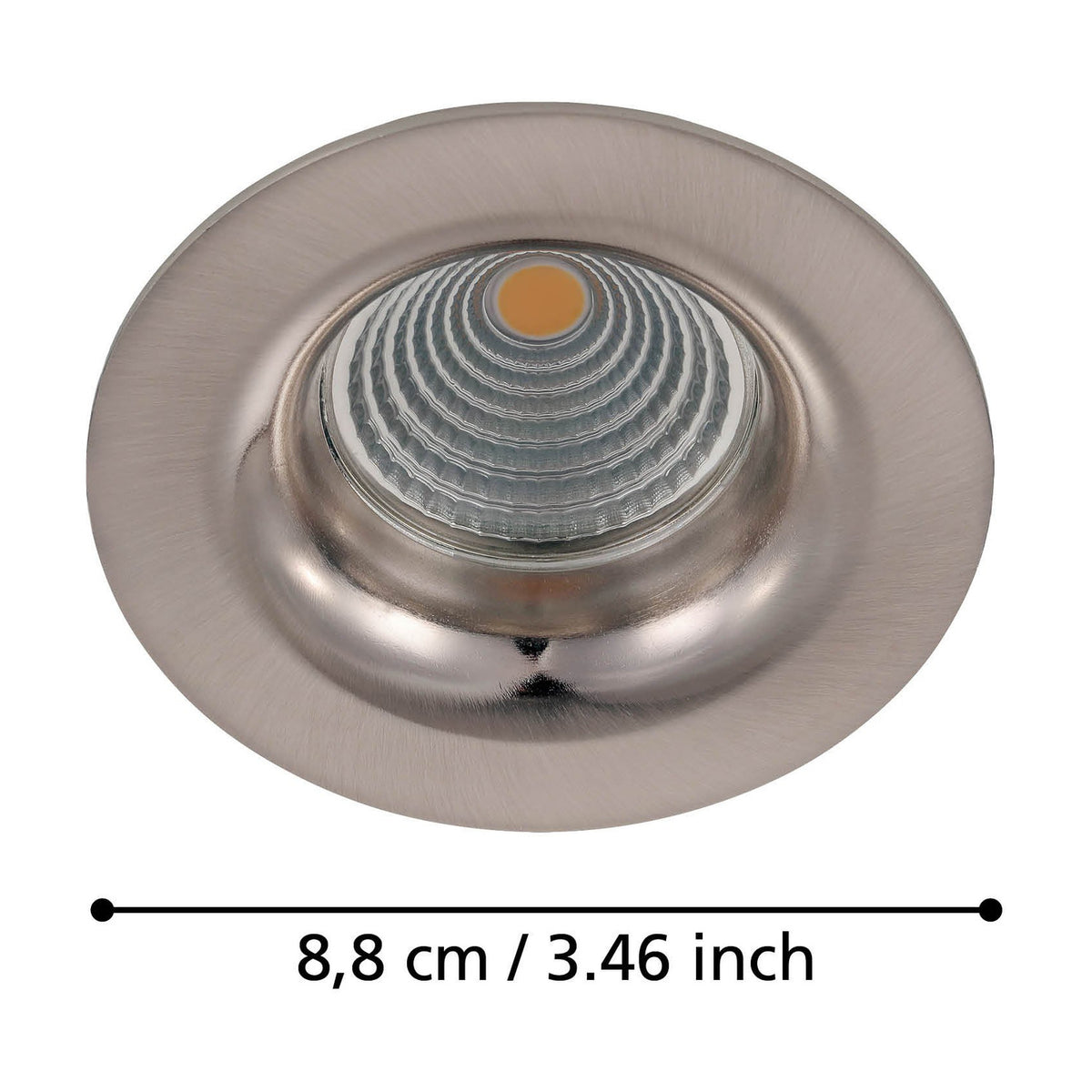 Kamarne round LED downlight in satin nickel, aluminium body with brushed outer ring and polished inner bowl around a ribbed reflector, 8.8cm size shown on plain white background.
