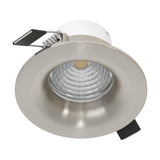Kamarne LED Downlight, a round recessed fixture with a satin nickel ring, polished bowl, ribbed reflector, integrated LED, spring clips, and connector on a white background.