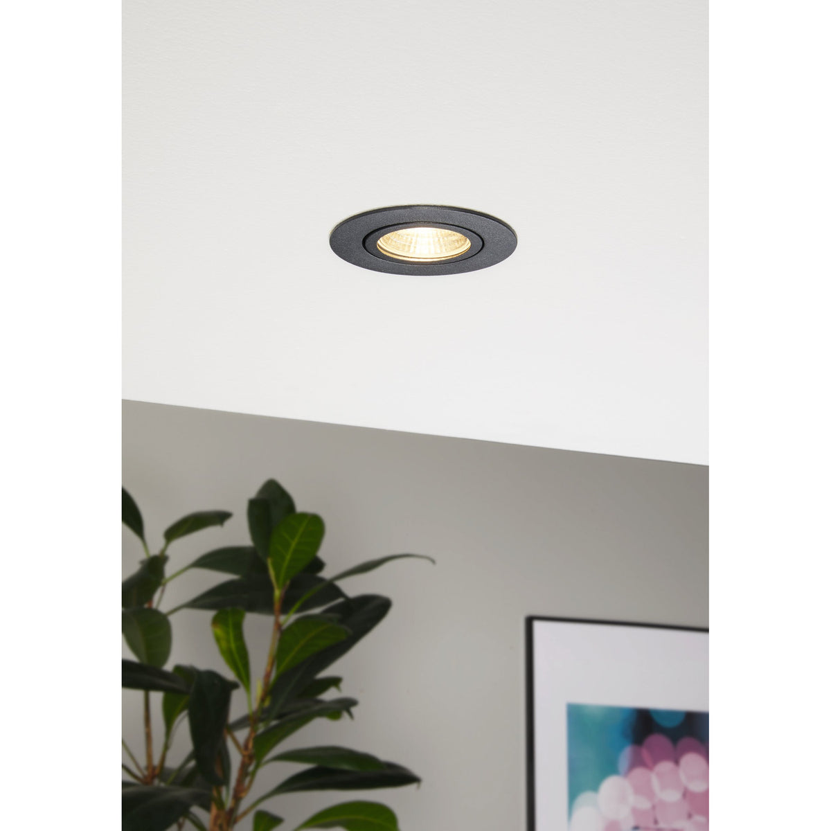 Kamarne LED Downlight 8.8cm Warm White recessed in a white ceiling with black round aluminium bezel, shown above a living room with a plant and framed art.