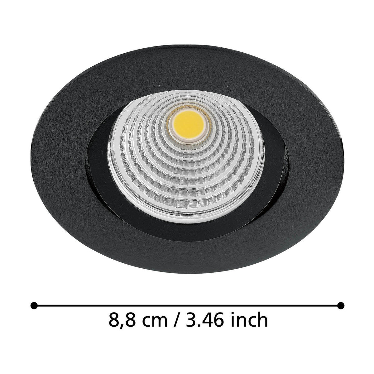 Kamarne LED Downlight in black aluminium, round recessed fixture with tilting inner head, shown with size label 8.8cm / 3.46 inch on a white background.