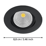 Kamarne LED Downlight in black aluminium, round recessed fixture with tilting inner head, shown with size label 8.8cm / 3.46 inch on a white background.