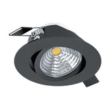 Kamarne LED Downlight, round black aluminium bezel 8.8cm with tiltable inner head, integrated warm white LED, chrome mounting clips, shown on a plain white background.