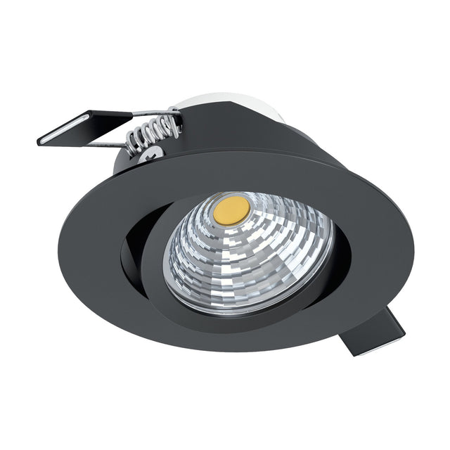 Kamarne LED Downlight, round black aluminium bezel 8.8cm with tiltable inner head, integrated warm white LED, chrome mounting clips, shown on a plain white background.