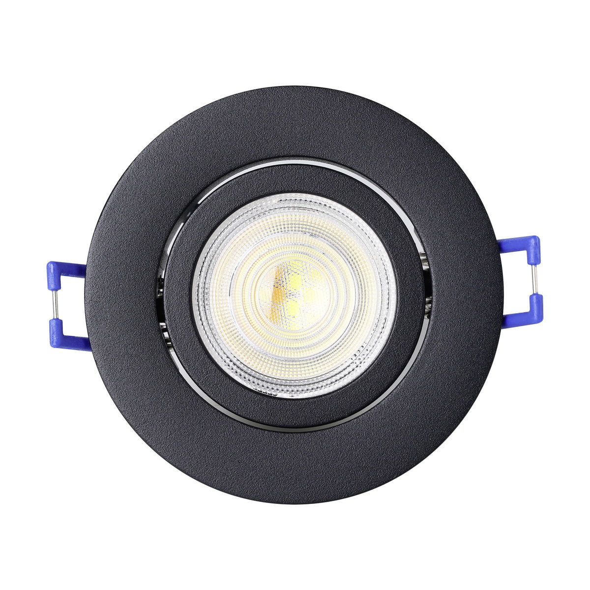 Round black aluminium LED downlight with tilting inner ring and integrated warm-white light, shown front-on with blue mounting clips on a white background.