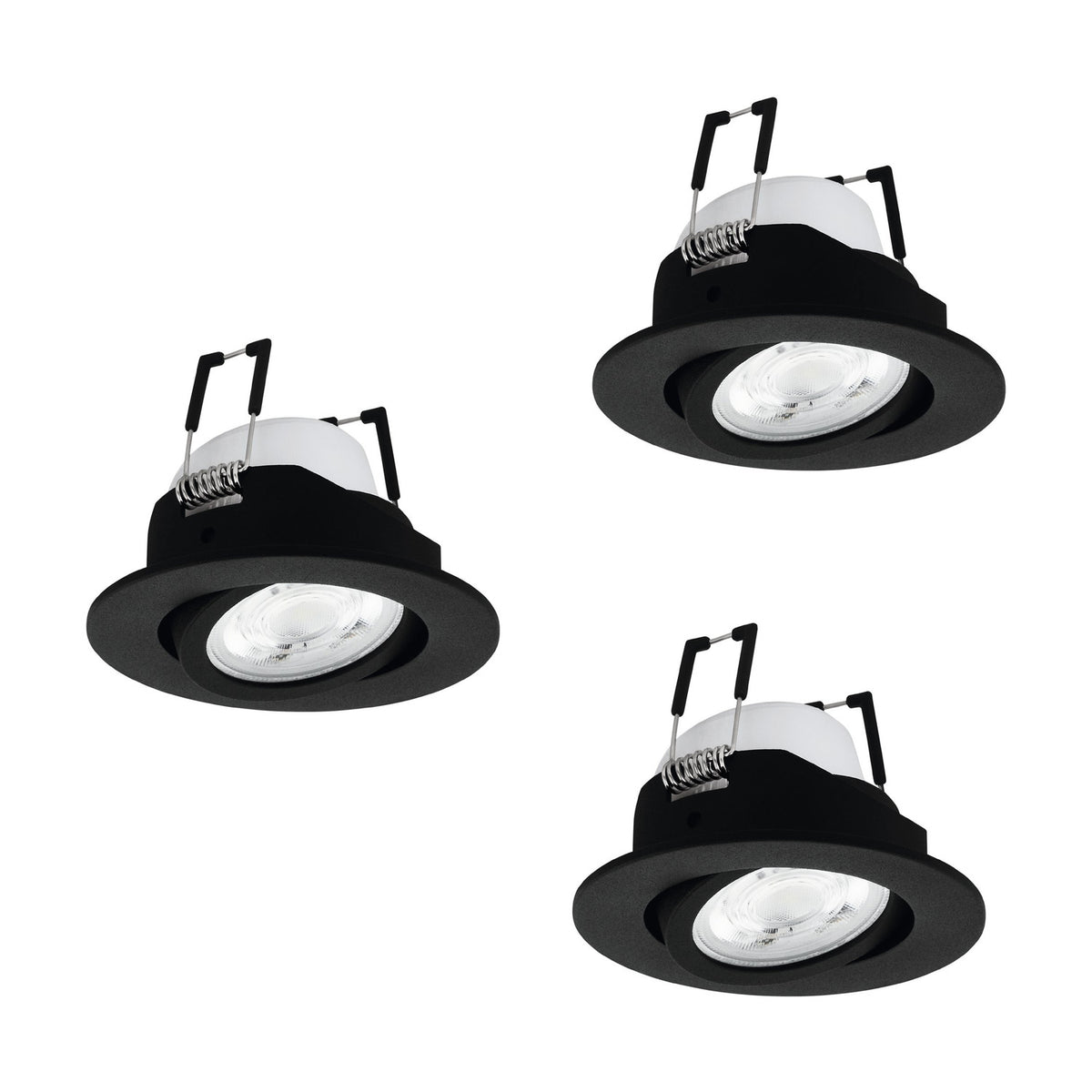 Set of three round black aluminium LED downlights with tilting inner rings and integrated LED heads, shown on a plain white background.