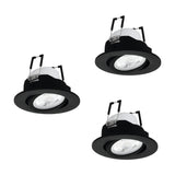 Set of three round black aluminium LED downlights with tilting inner rings and integrated LED heads, shown on a plain white background.