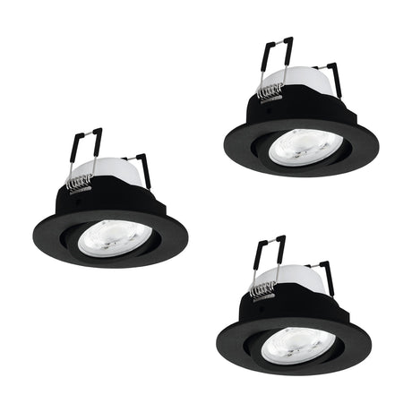 Set of three round black aluminium LED downlights with tilting inner rings and integrated LED heads, shown on a plain white background.