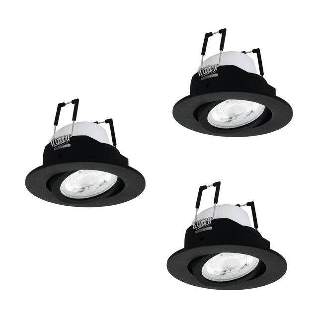 Set of three round black aluminium LED downlights with tilting inner rings and integrated LED heads, shown on a plain white background.