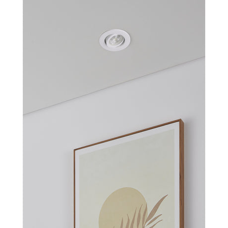 Kamarne round recessed LED downlight in white with aluminium body and tilting centre, installed in a light grey ceiling above a framed botanical print on a white wall.
