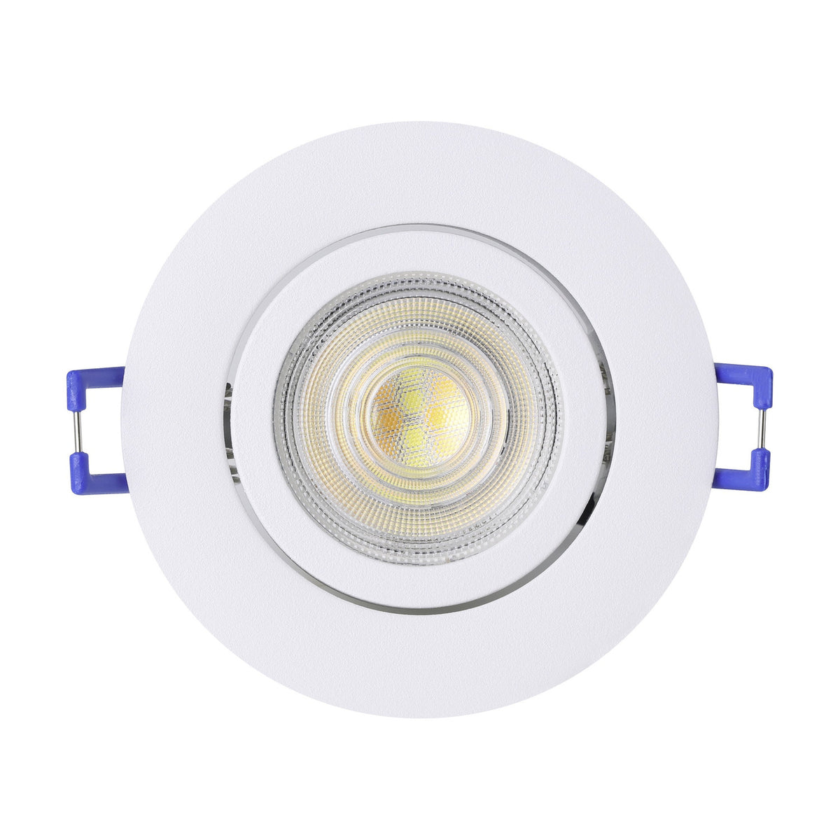 Round white recessed LED downlight with adjustable tilting centre and illuminated warm-white LED module, shown against a plain white background.