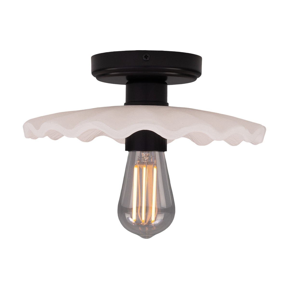 Kapok ceramic ceiling light with a wide, scalloped-edge shade in matt white striped glaze, black lampholder and round ceiling plate, shown with an exposed bulb on a plain white background.