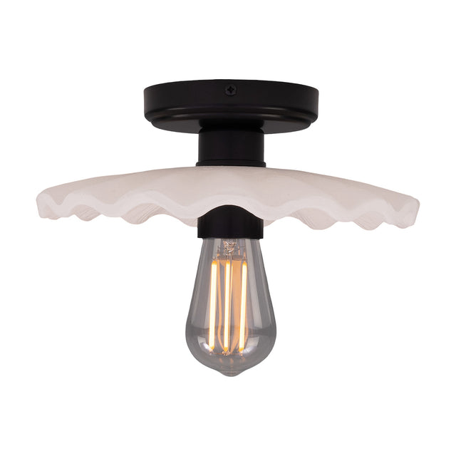 Kapok ceramic ceiling light with a wide, scalloped-edge shade in matt white striped glaze, black lampholder and round ceiling plate, shown with an exposed bulb on a plain white background.