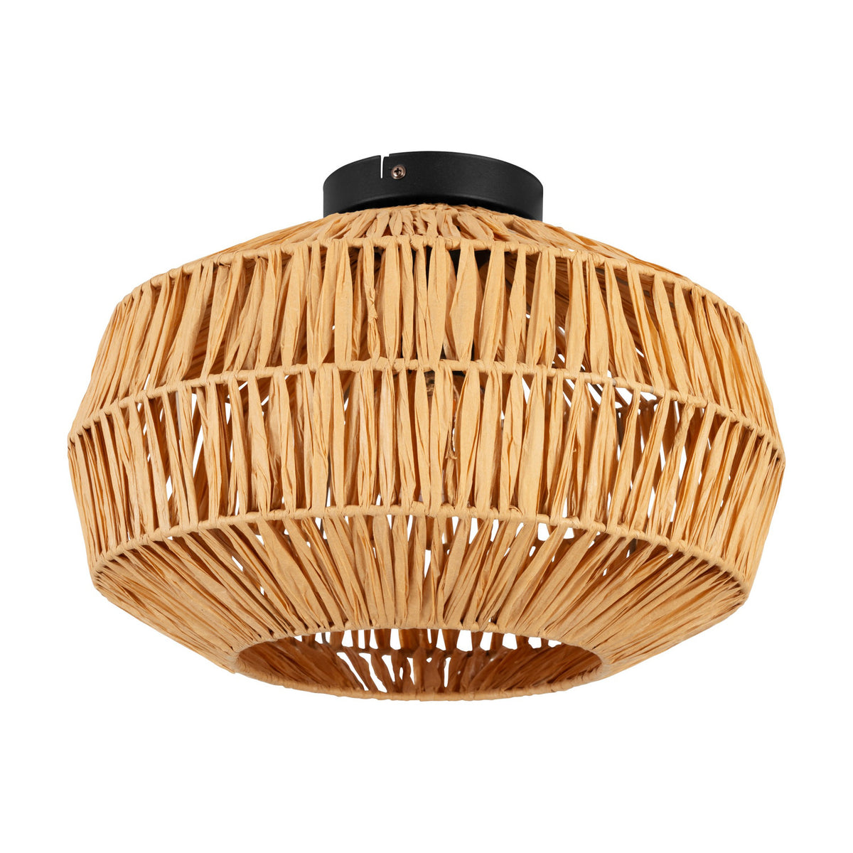 Karmena Ceiling Light in Black, a flush-mount fixture with a round black steel canopy and a faceted, open-woven natural paper shade, shown on a plain white background.