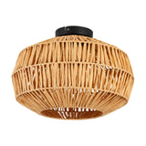 Karmena Ceiling Light in Black, a flush-mount fixture with a round black steel canopy and a faceted, open-woven natural paper shade, shown on a plain white background.