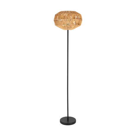 Karmena Floor Lamp in black, featuring a slim steel stem, round black base, and a rounded woven paper shade in a natural tone, shown on a plain white background.
