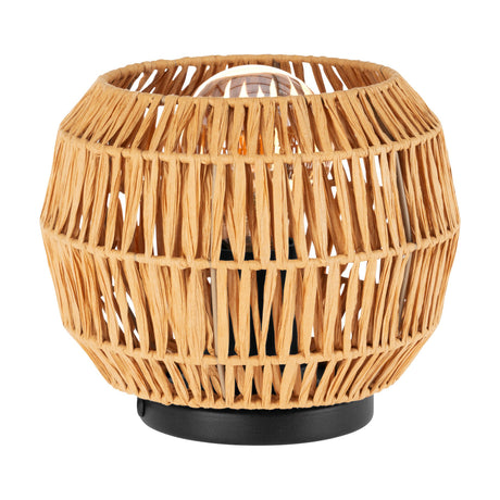 Karmena Table Lamp in Black, featuring a rounded woven paper shade in natural tones on a round black steel base, shown against a plain white background.