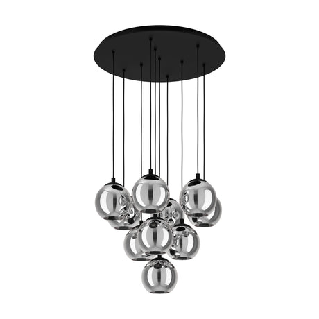 Karnarne 10-light cluster pendant with smoked glass globes at staggered heights on black cables from a round black ceiling canopy, shown on a white background.