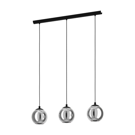 Karnarne three-light linear pendant with a black steel bar and three round smoked glass globe shades on black cords, shown on a plain white background.