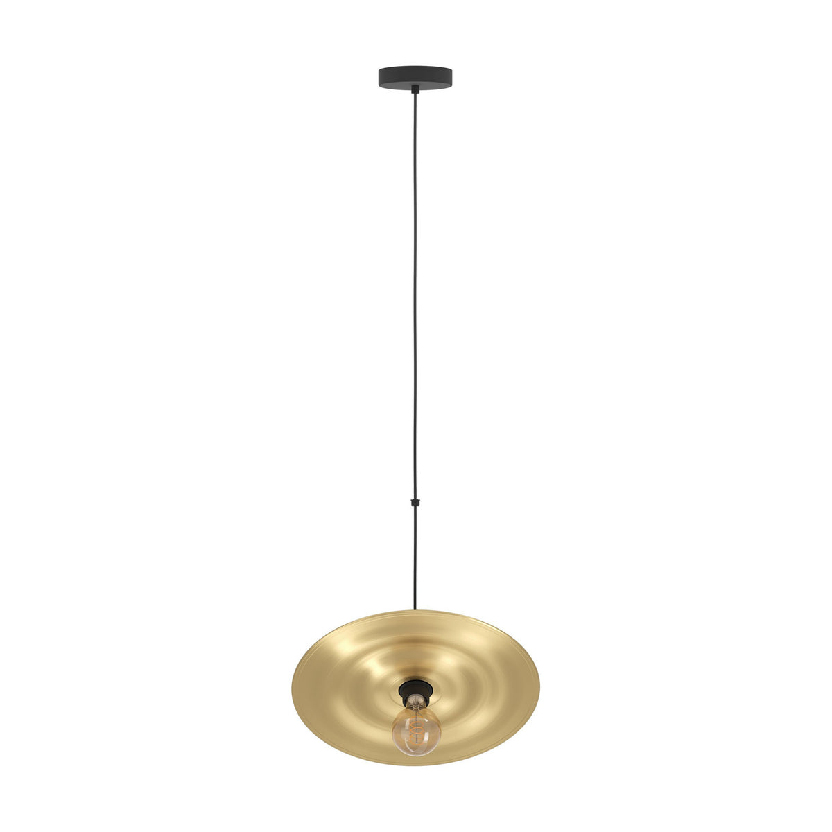 Karnette Pendant Light in black steel with a wide, shallow brushed brass disc shade, black canopy and cord, exposed bulb beneath, shown on a plain white background.