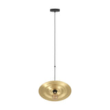 Karnette Pendant Light in black steel with a wide, shallow brushed brass disc shade, black canopy and cord, exposed bulb beneath, shown on a plain white background.