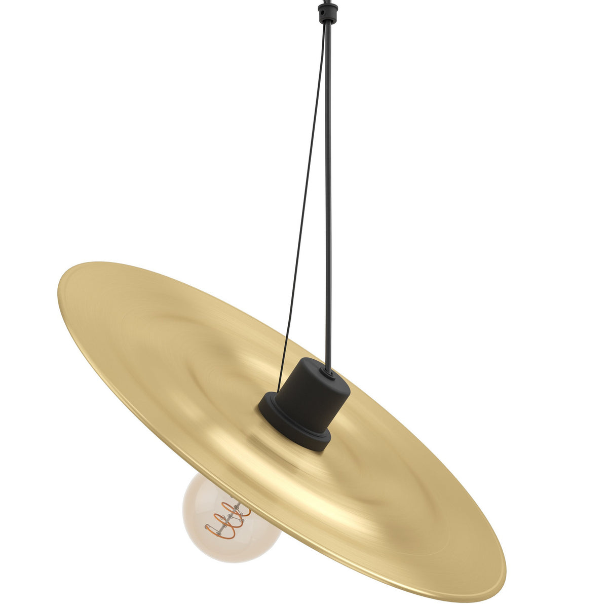 Karnette Pendant Light in black with a wide, shallow brushed brass disc shade, black suspension cord and E27 bulb visible, shown at an angle on a plain white background.