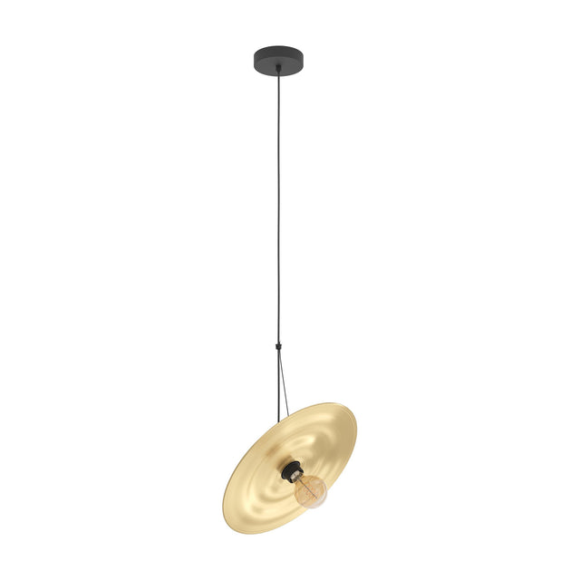 Karnette Pendant Light with black canopy and cord, holding a tilted wide brushed brass steel disc shade and exposed E27 bulb, shown against a plain white background.