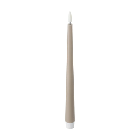 Kavieng LED dinner candle in taupe, tall tapered plastic body with white flame-shaped tip and ribbed base, shown on a plain white background.