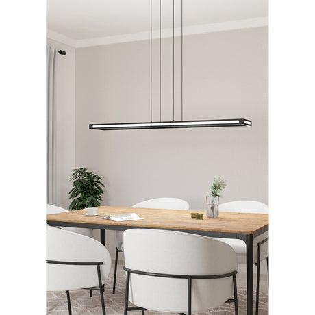 Kelbarne Smart Pendant Light 116cm in black, a slim LED bar fixture on four cords with a white diffuser, shown above a wooden dining table in a neutral-toned dining room.