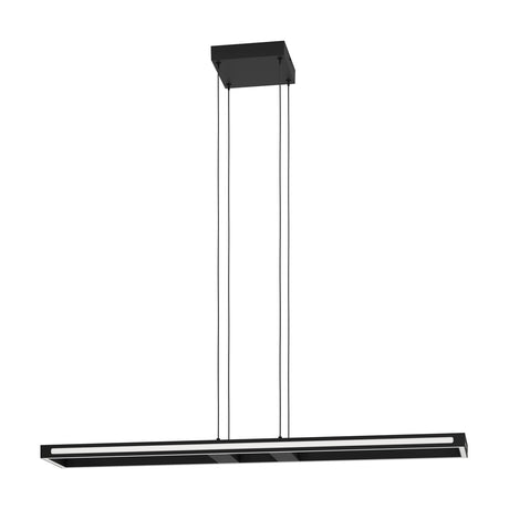 Kelbarne Smart Pendant Light 116cm in black – slim LED bar suspended on four thin cords from a square ceiling canopy, with a white diffuser strip, shown against a plain white background.