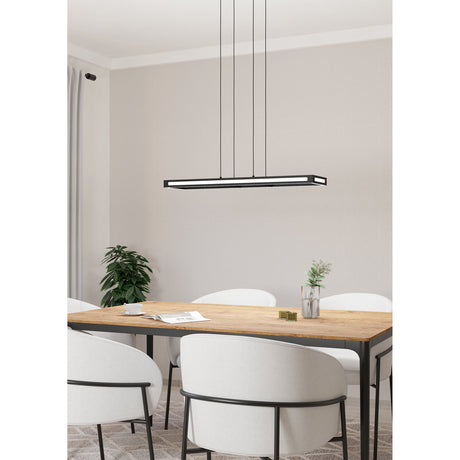 Kelbarne Smart Pendant Light 77cm in black, a slim rectangular LED bar suspended on four wires above a dining table in a neutral-toned room.
