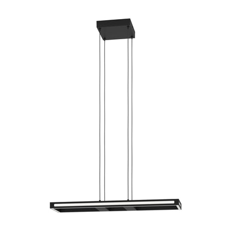 Kelbarne Smart Pendant Light 77cm in black, a slim linear bar fixture with white diffuser suspended on four wires from a square ceiling canopy, shown on a plain white background.