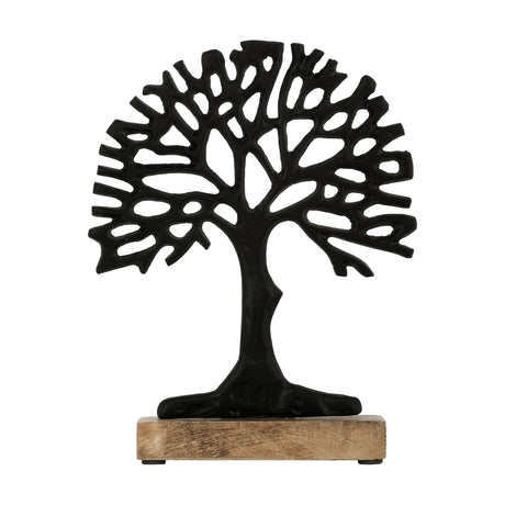 Kemaman Decorative Tree in black, a flat aluminium tree-of-life silhouette with open branch canopy, set on a rectangular mango wood base against a plain white background.