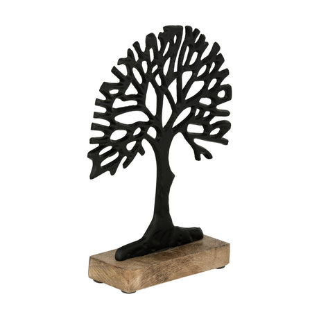 Kemaman Decorative Tree in black, a flat aluminium tree-of-life silhouette with open branch canopy set on a rectangular mango wood base, shown against a white background.