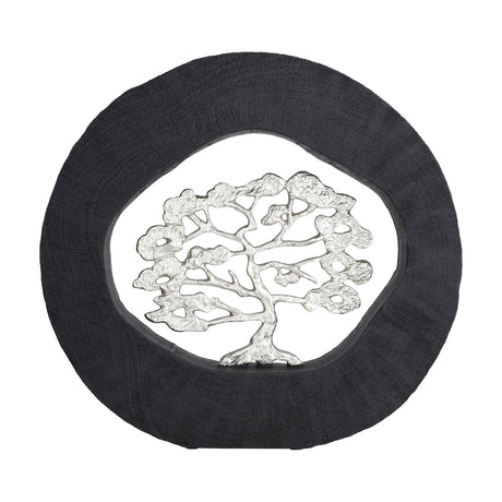 Kemaman Decorative Tree in black and silver, a round ridged black ring resembling log grain framing an openwork silver tree, set against a plain white background.
