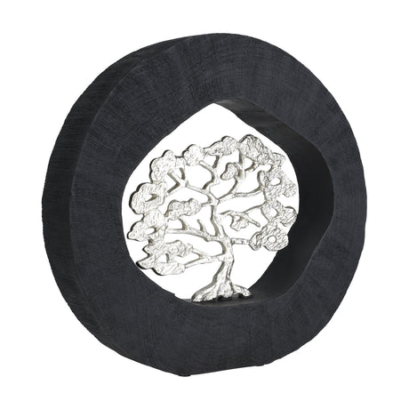 Kemaman Decorative Tree in black and silver, a round resin ring with ridged, log-like texture framing an openwork silver tree ornament, shown on a plain white background.