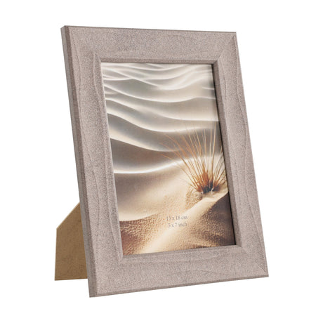 Kemayan Photo Frame in a textured brown finish with carved wavy lines, rectangular shape, glass front, MDF easel back, holding a 13x18cm photo on a white background.