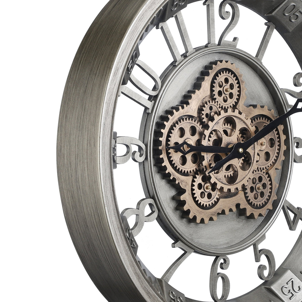Kenema Wall Clock 46cm, close-up of the round skeleton face showing exposed antique gold gears, silvery grey hub, black hands, and cut-out Arabic numerals on a metal frame.