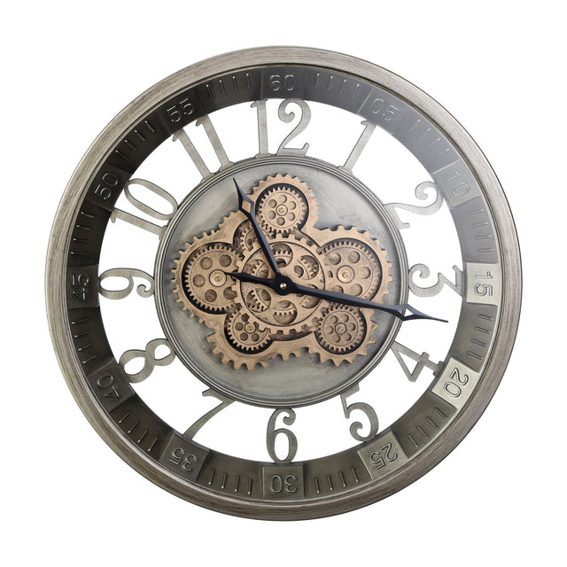 Kenema Wall Clock 46cm, round skeleton-face design with cut-out Arabic numerals, exposed antique gold gears at the centre, silvery grey hub and metal frame, on a plain white background.