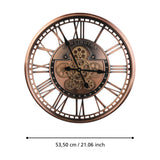 Kenema Wall Clock, a round 53.5cm antique copper skeleton clock with open Roman numerals, exposed gears at the centre, and black hands, shown on a white background with a size measurement line below.
