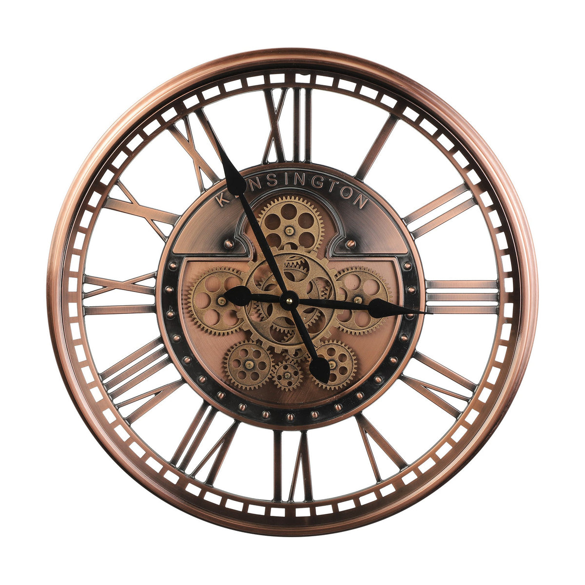 Kenema 53.5cm round wall clock in antique copper with skeleton frame, Roman numerals, exposed studded centre gears, and black pointed hands.