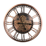 Kenema 53.5cm round wall clock in antique copper with skeleton frame, Roman numerals, exposed studded centre gears, and black pointed hands.