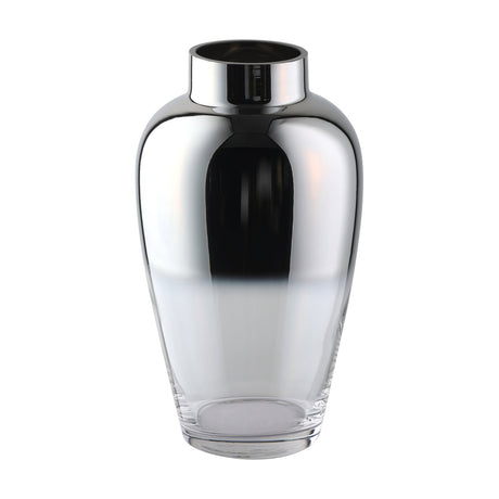 Kenyasi Glass Vase 27cm with a tall, shouldered body and short collar neck, mirrored silver finish fading to clear glass at the base, shown on a plain white background.