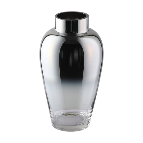 Kenyasi Glass Vase 32.5cm with a rounded body, mirrored silver top fading through smoky tones into clear glass at the base, short straight neck collar, on a plain white background.