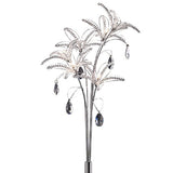 The Kenzo 6 Light Crystal Floor Lamp in polished chrome features silver stems and leaves, crystal-like accents, and hanging teardrop pendants for an elegant floral-inspired design.