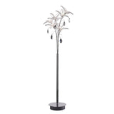 The Kenzo 6 Light Crystal Floor Lamp in polished chrome features a tall, modern design with multiple curved branches, leaf-like accents, hanging crystals, and a round base for an elegant touch.